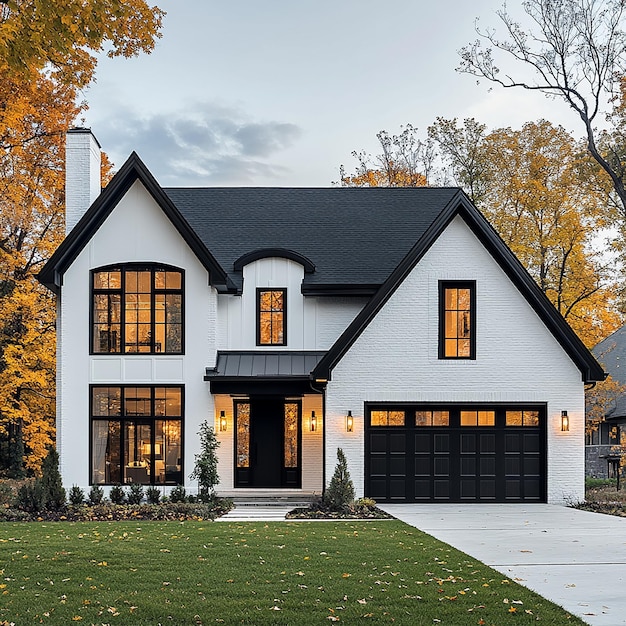 a house with a black roof and a black door that says quot welcome to the front quot