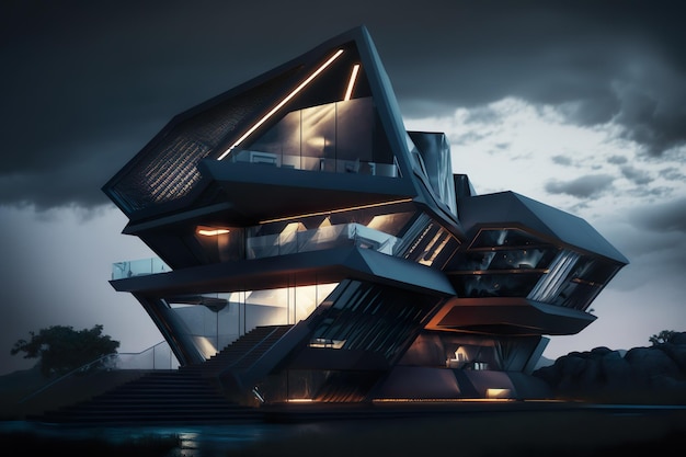 A house with a black roof and lights on the top Neo-Futuristic House by David Rockwell AI Generated