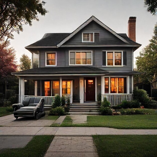 a house with a black roof and a white car parked in front of it