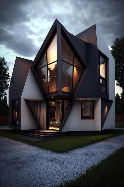 A house with a black roof and a white facade.