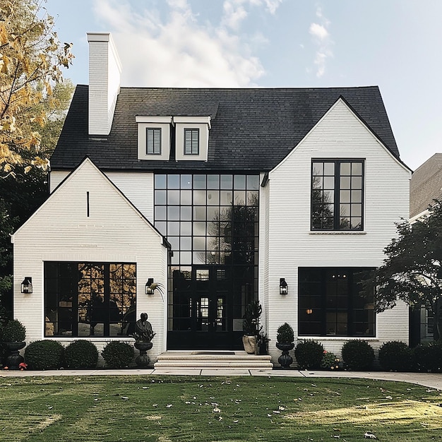 a house with a black roof and a white house with a large window