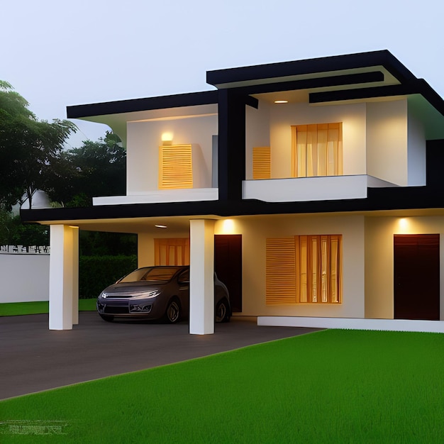 A house with a black roof and a white sign that says " the name of the house ".