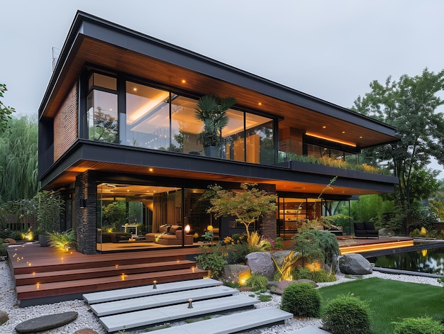 a house with a black roof and a wooden deck with a bench on the front