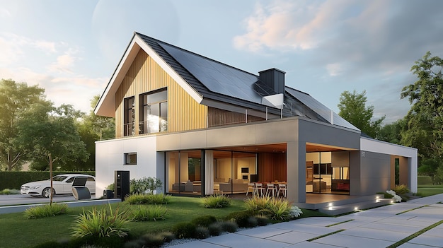 a house with a black roof and a yellow roof