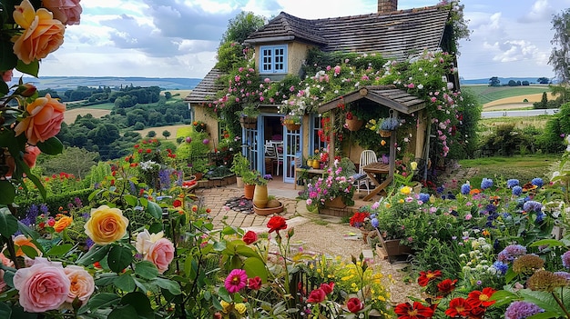 Photo a house with a blue door and flowers on the side of it