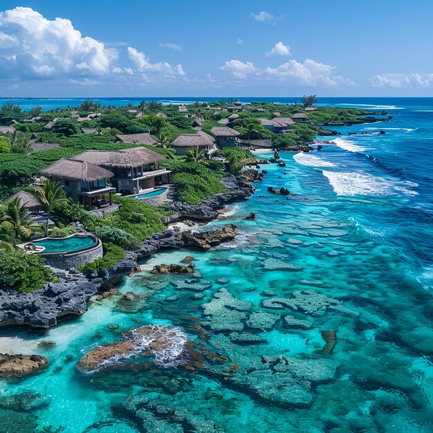 a house with a blue pool in the middle of the ocean