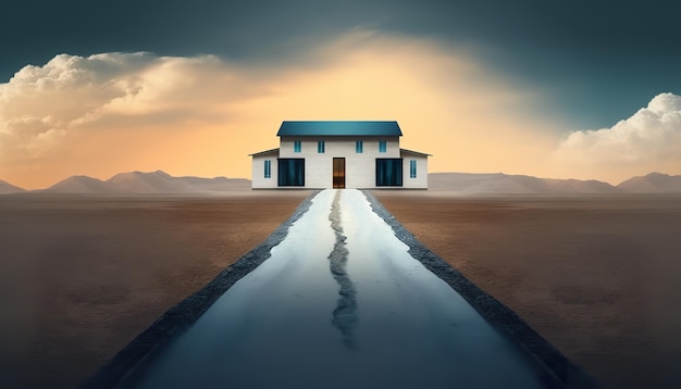 A house with a blue roof and a blue roof with the word water on it