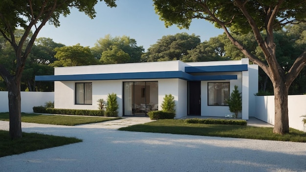 a house with a blue roof and a white and blue awning