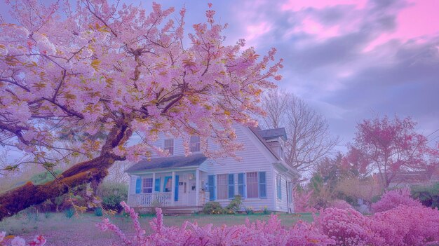 a house with blue shutters and pink cherry blossom tree in the front yard a purple sky background