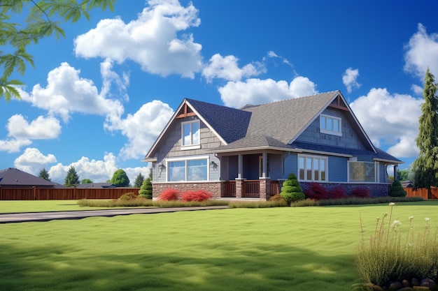 a house with a blue and white sky and a fence