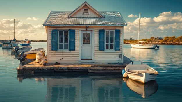 Photo a house with a boat in the water and a boat in the water