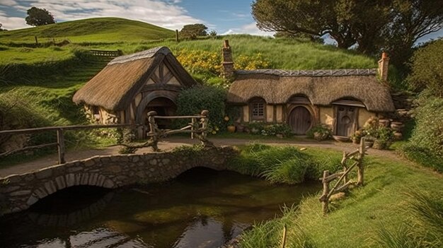 A house with a bridge in front of it