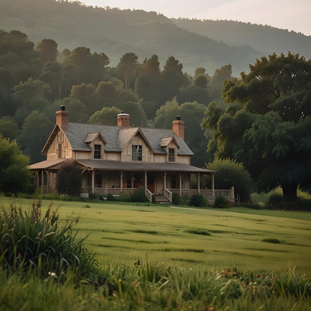 Photo a house with a chimney on the front and a mountain in the background