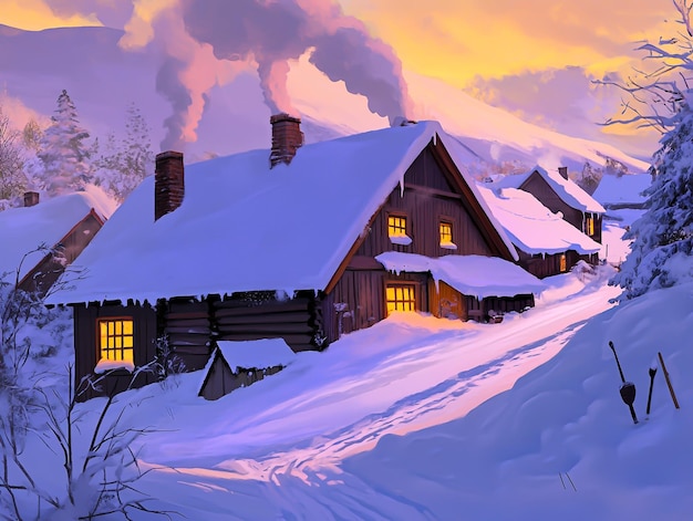 a house with a chimney on the roof and a snow covered roof