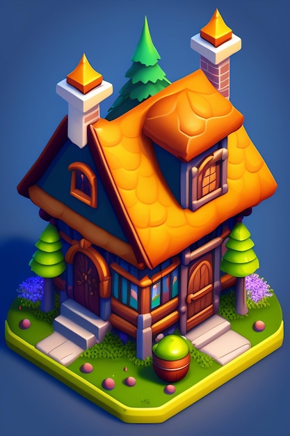 A house with a chimney and a tree on the roof