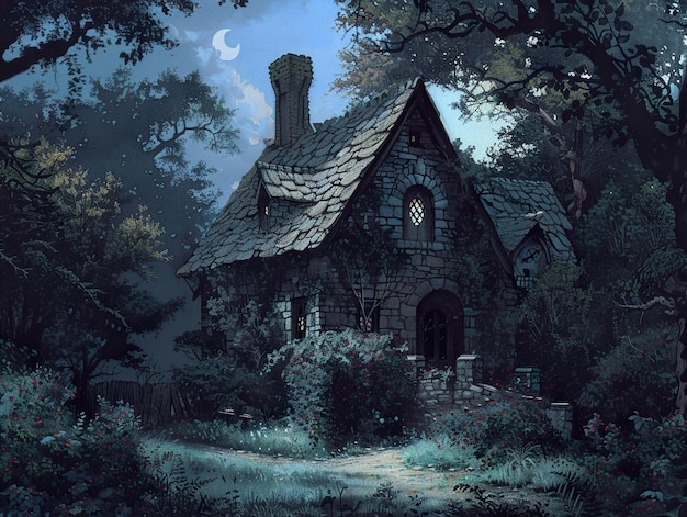 a house with a clock on the front and the words  the moon  on the top