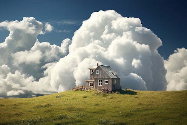 House with clouds in grass field