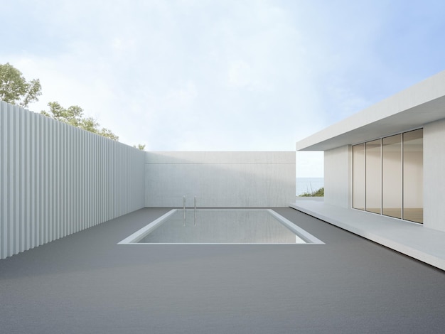 House with concrete floor terrace near swimming pool.