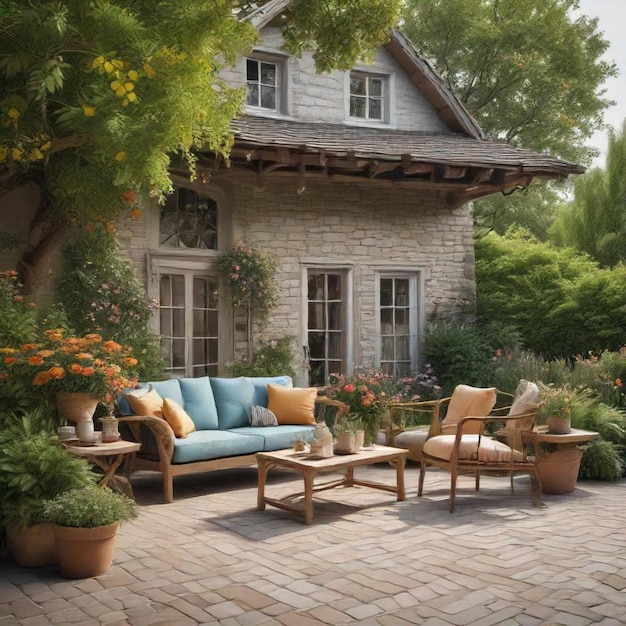 a house with a couch and chairs and a house with a tree in the background