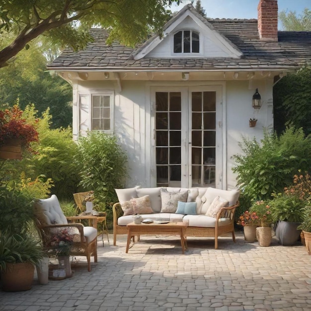 a house with a couch and a table in front of it