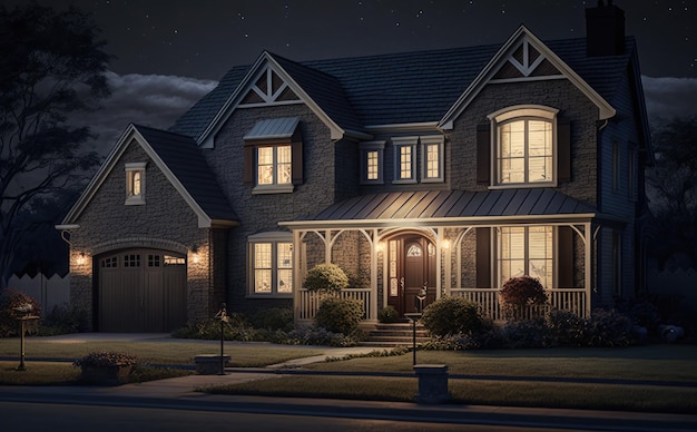 A house with a dark sky and lights on the outside