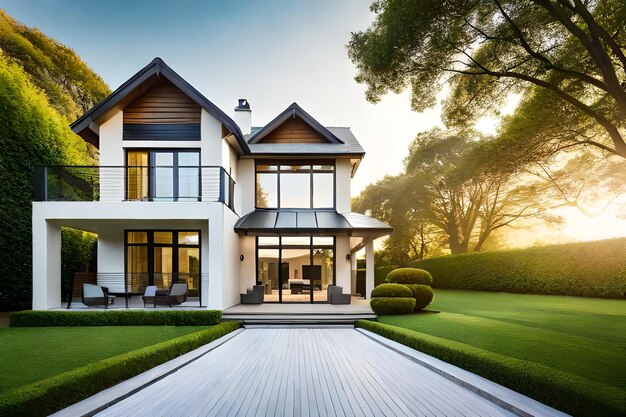 A house with a deck that has a view of the backyard.