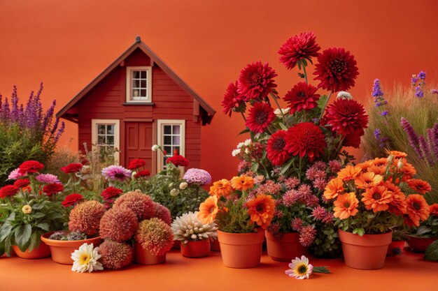 Photo a house with flowers and a house with a red house in the background