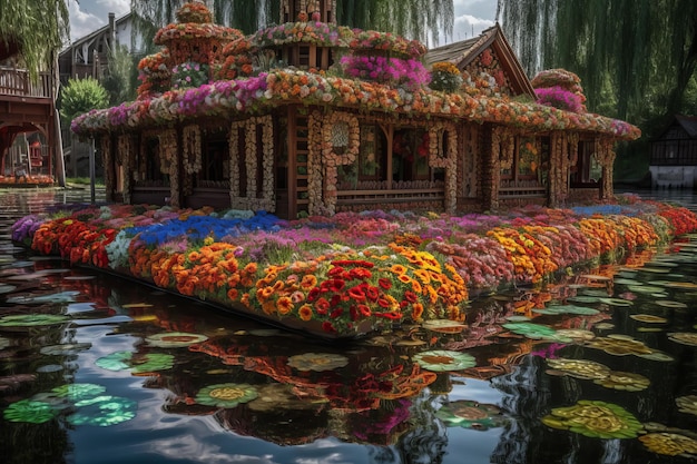 A house with flowers on it is surrounded by water.