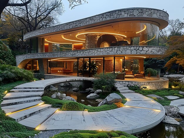 Photo a house with a fountain in the middle of it