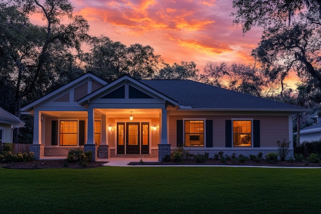 a house with a front porch and a sunset in the background