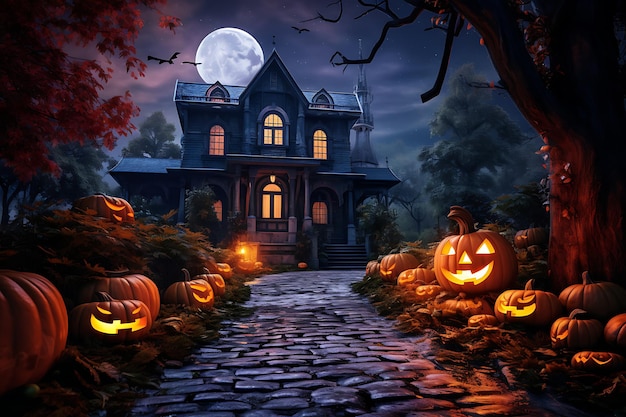 a house with a full moon in the background with halloween pumpkins on the front