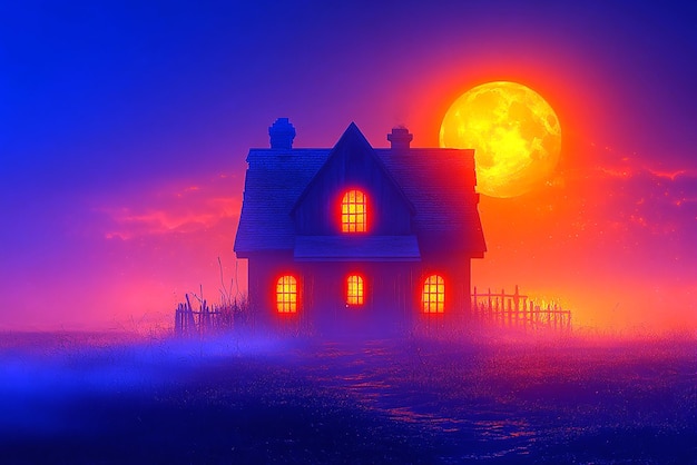 a house with a full moon in the background