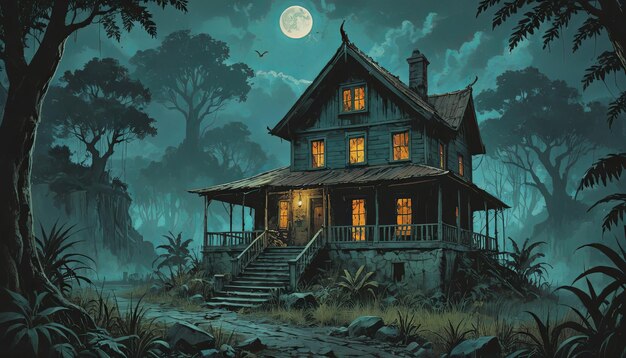 Photo a house with a full moon in the background