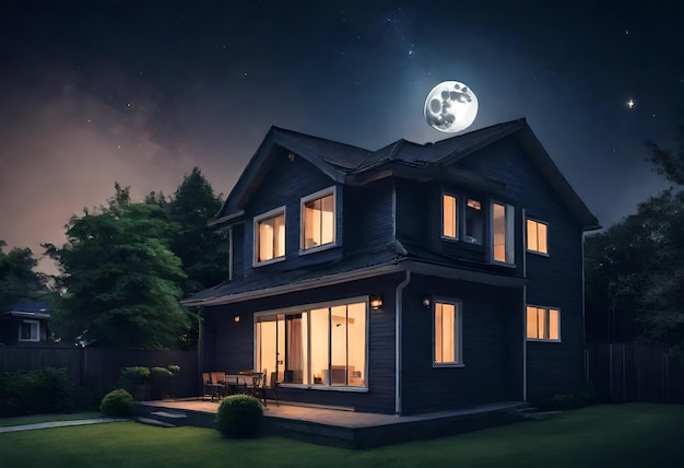 a house with a full moon in the sky