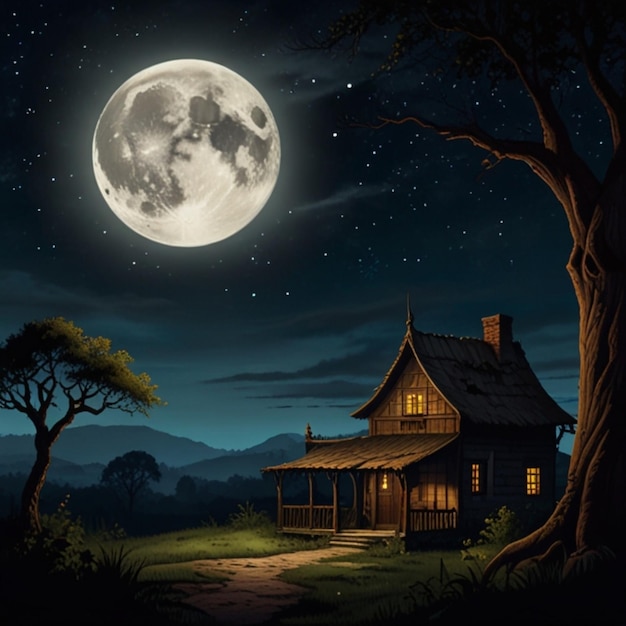 a house with a full moon in the sky