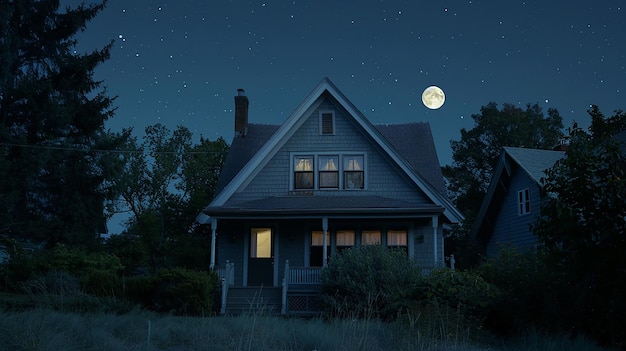 Photo a house with a full moon in the sky