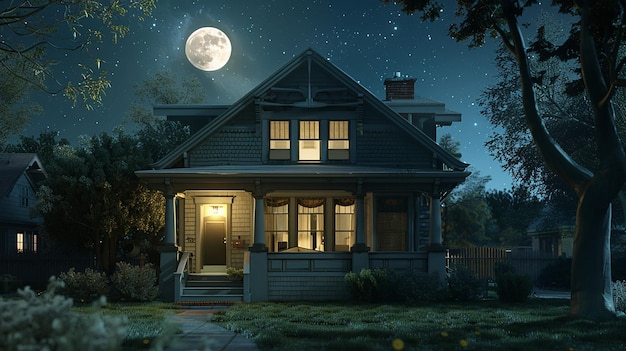 Photo a house with a full moon in the sky