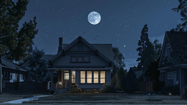 Photo a house with a full moon in the sky