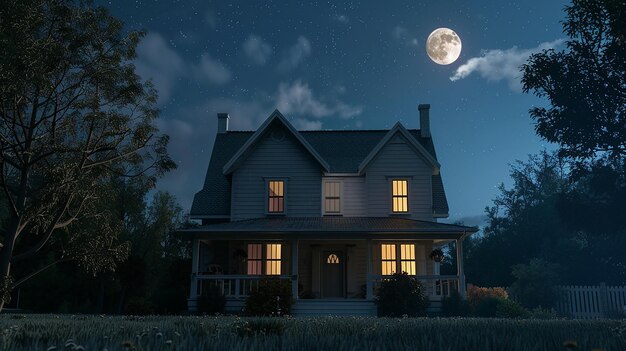 Photo a house with a full moon in the sky