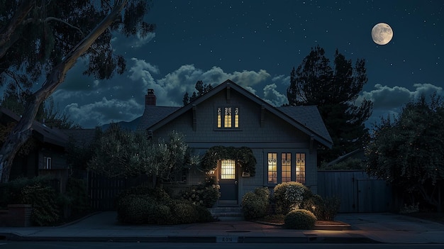 Photo a house with a full moon in the sky