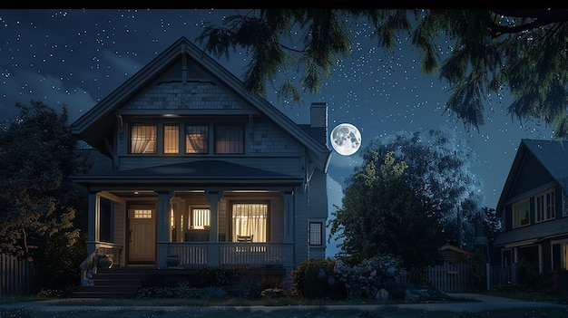 Photo a house with a full moon in the sky