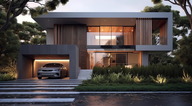 A house with a garage and a car parked in front of it.