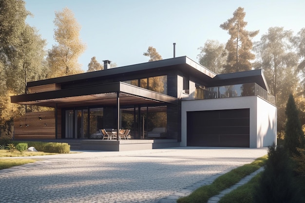 A house with a garage door that says'the word home'on the front