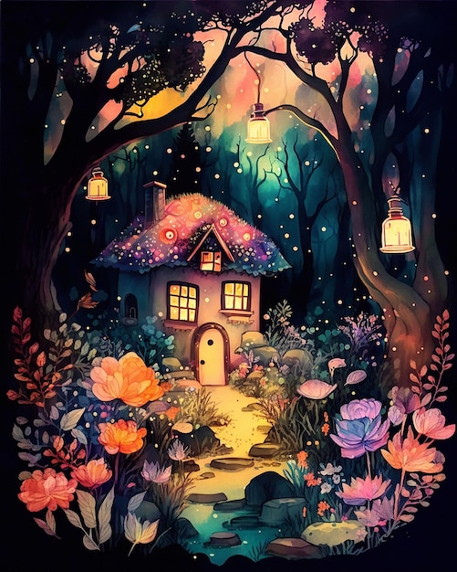 House with garden of colorful glowing flowers decorative watercolor art