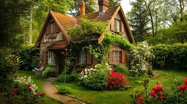 a house with a garden and flowers in the background