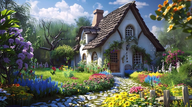 a house with a garden and flowers in the background