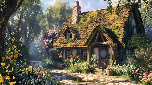 a house with a garden and flowers in the background