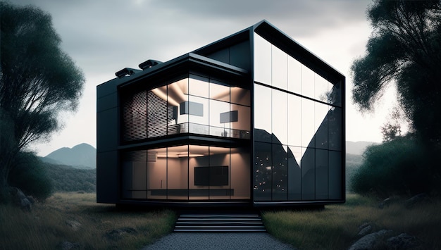 A house with a glass facade and a sky background