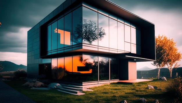 A house with a glass wall and a sunset in the background