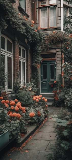 A house with a green door and red flowers